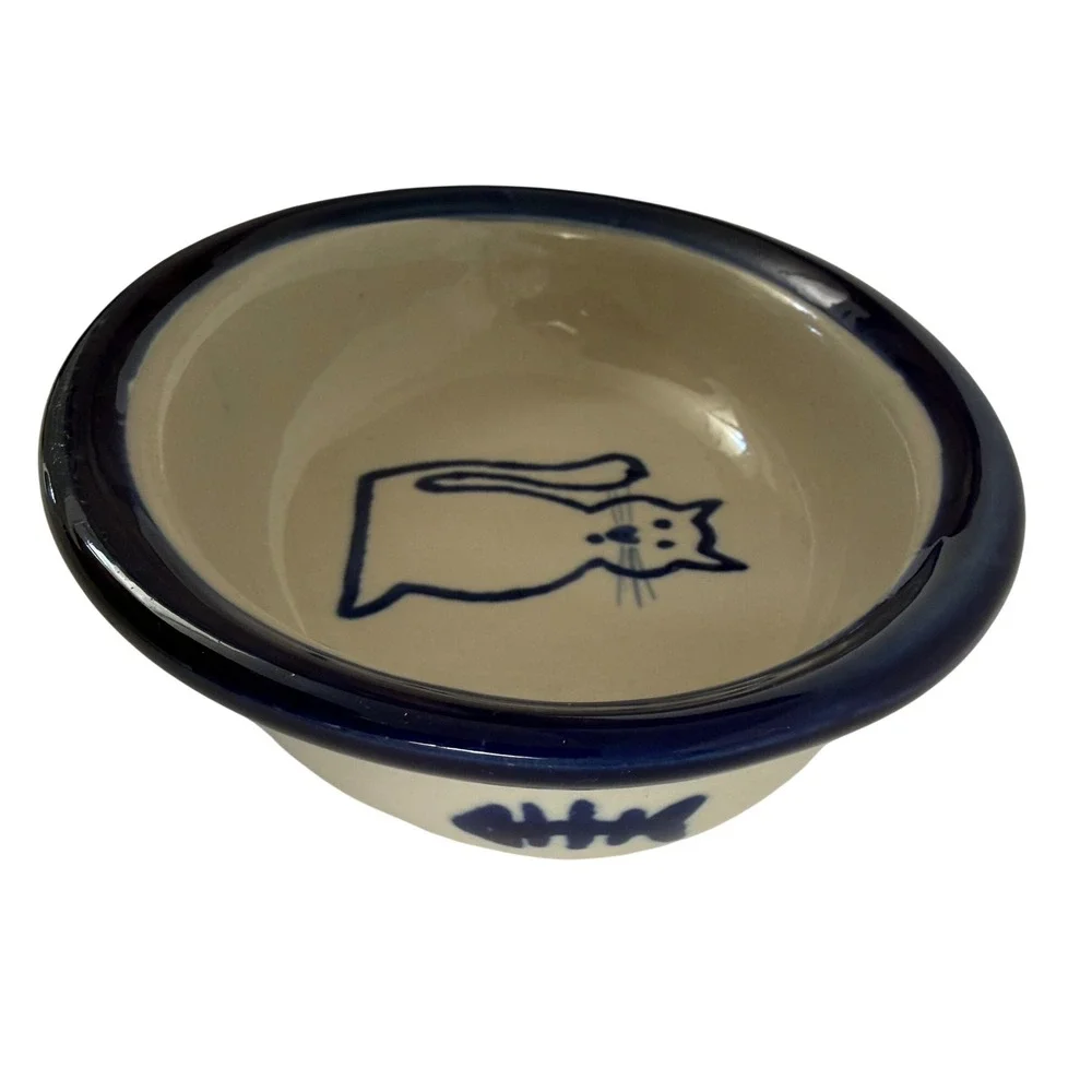 Boots & Barkley Hand Painted Stoneware Cat Food Bowl Blue‎ Fish Oval 6.5